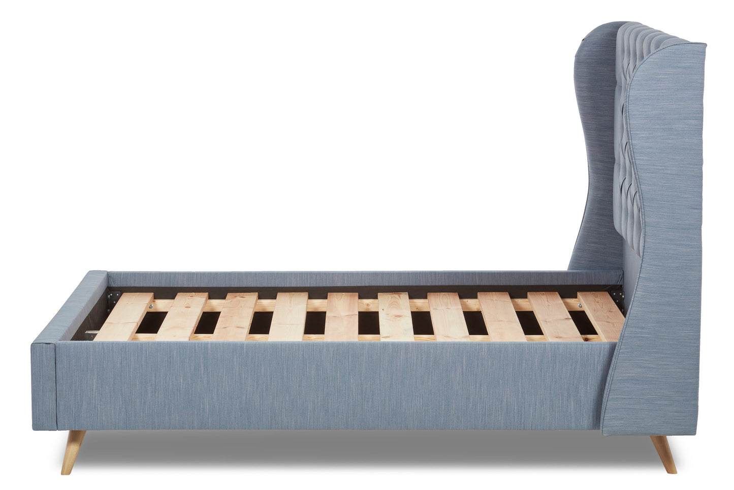 Baker Upholstered bed with winged headboard and beech wood legs