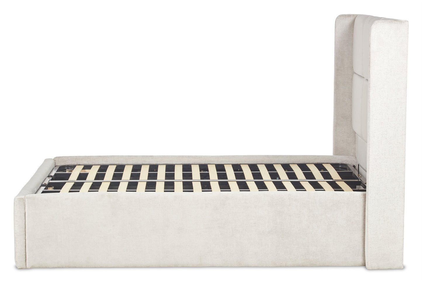 Hockney Upholstered ottoman bed with winged headboard