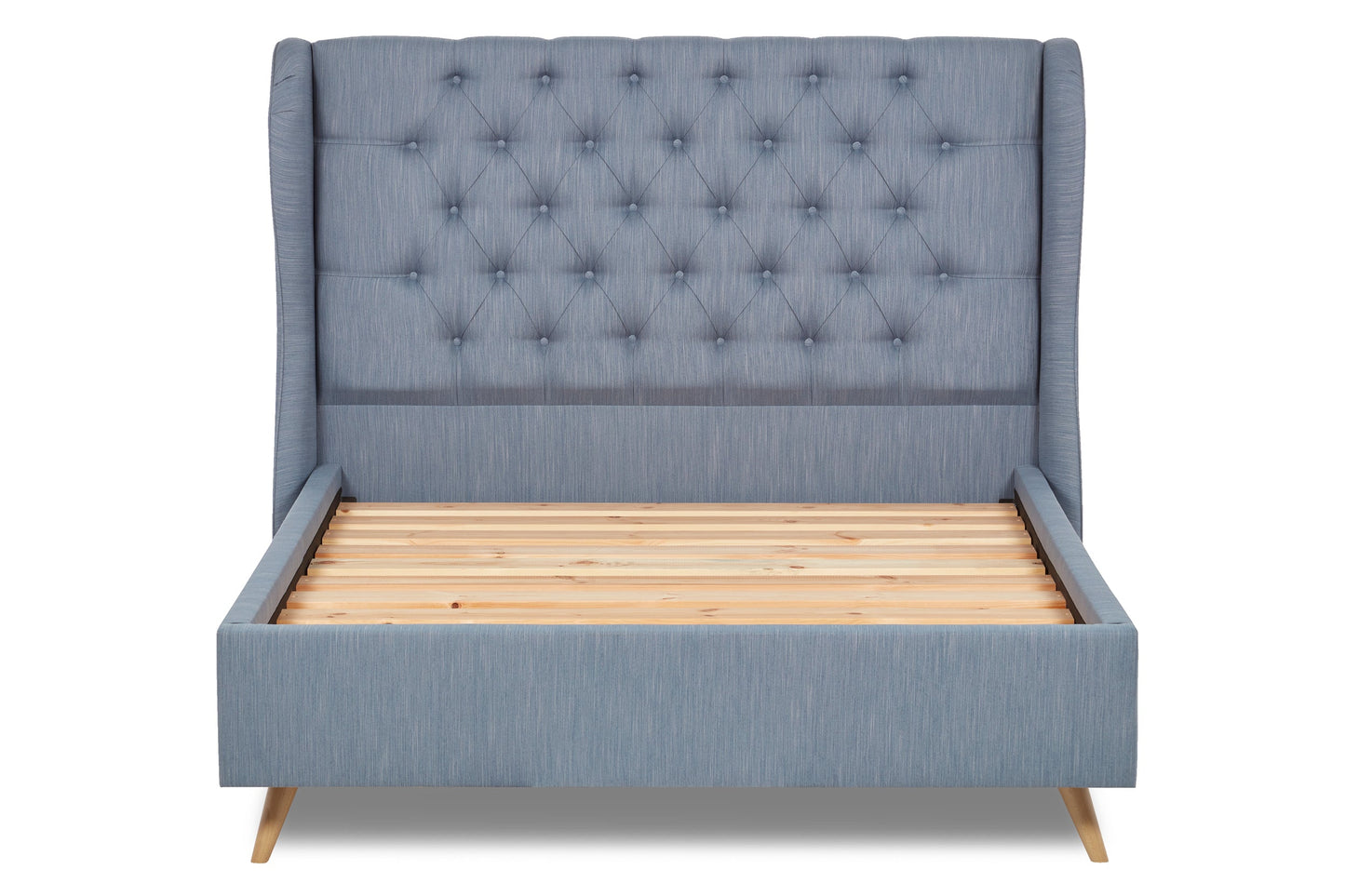 Baker Upholstered bed with winged headboard and beech wood legs