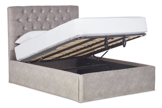 Bassey Upholstered ottoman bed with Chesterfield-style headboard
