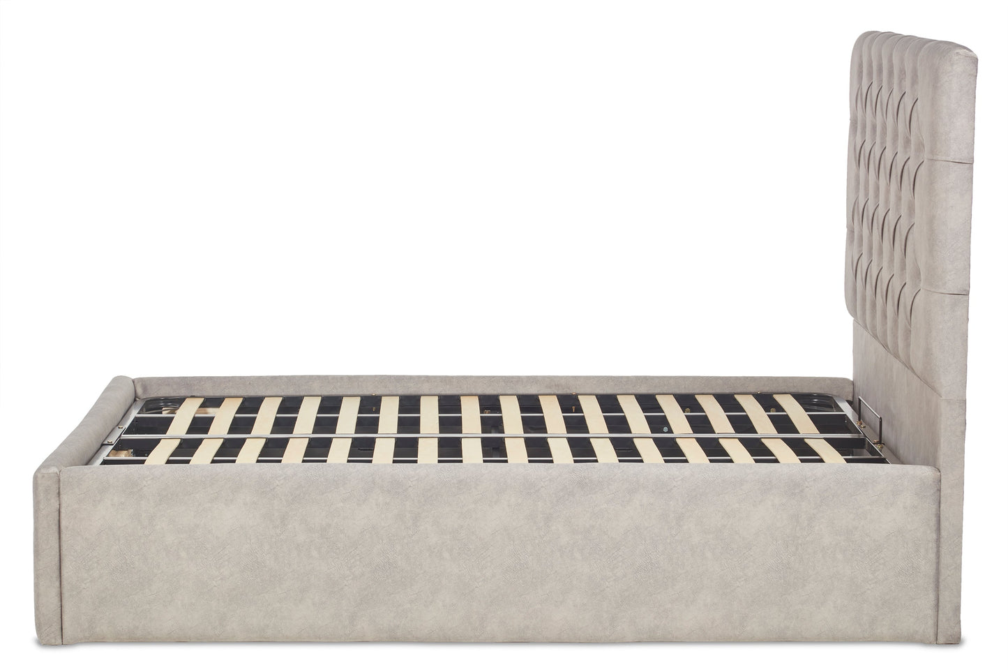 Bassey Upholstered ottoman bed with Chesterfield-style headboard