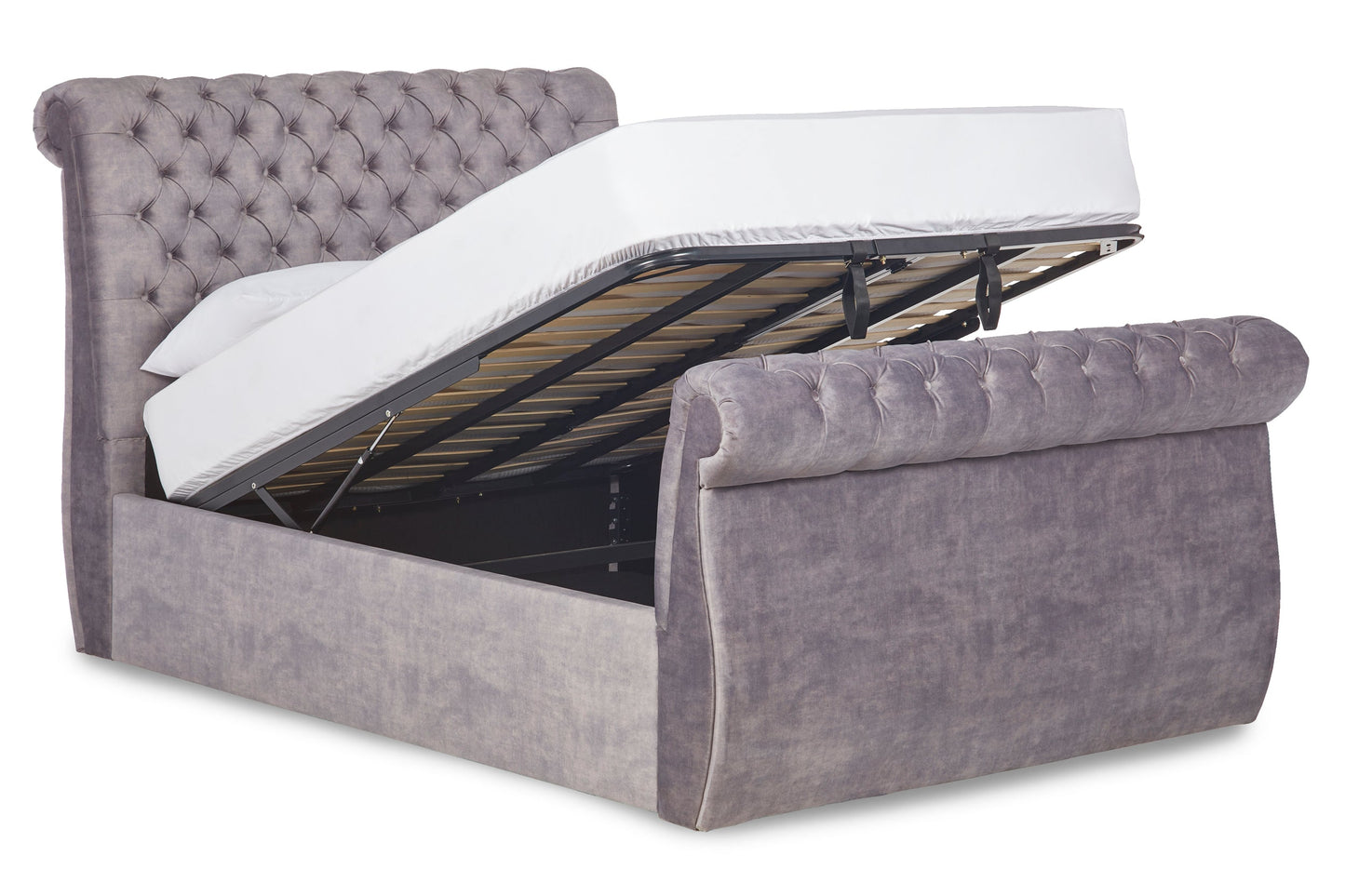 Guinevere Upholstered ottoman bed with sleigh headboard and footboard