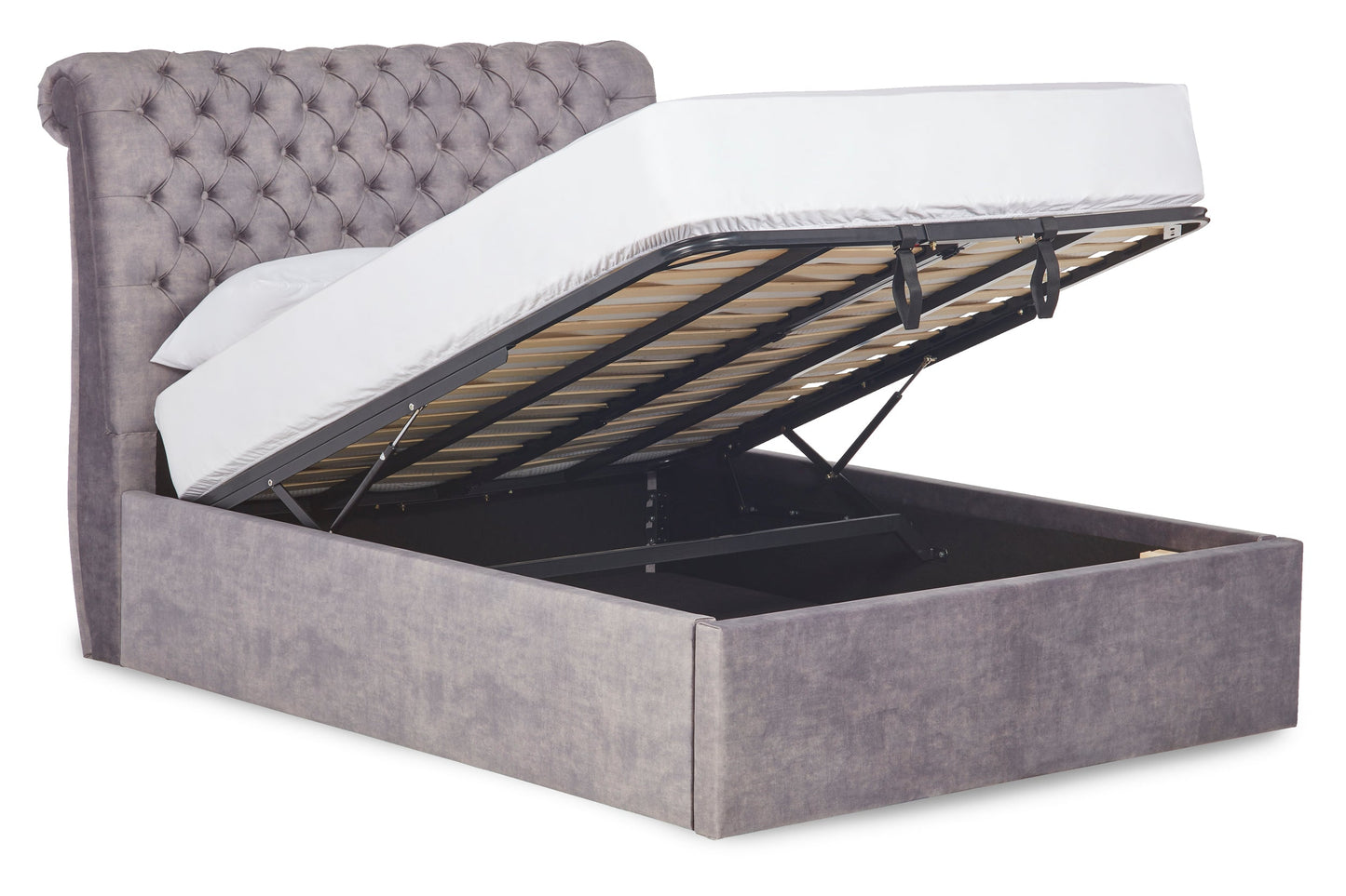 Boudica Upholstered ottoman bed with roll top headboard