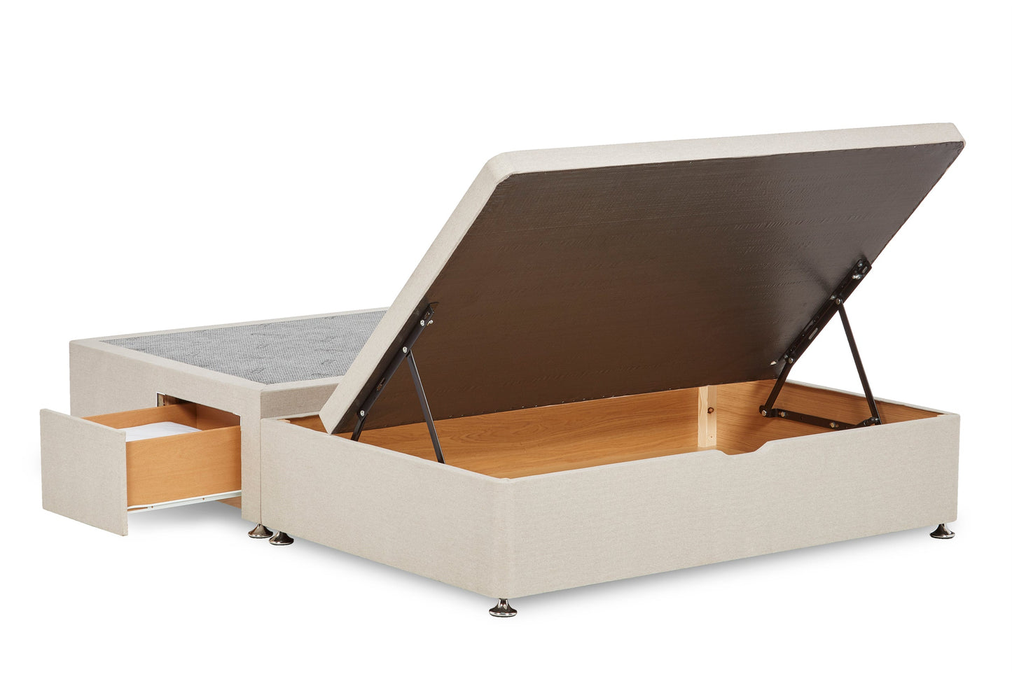 Eleanor Storage ottoman bed base – half-end lift with 2 small drawers