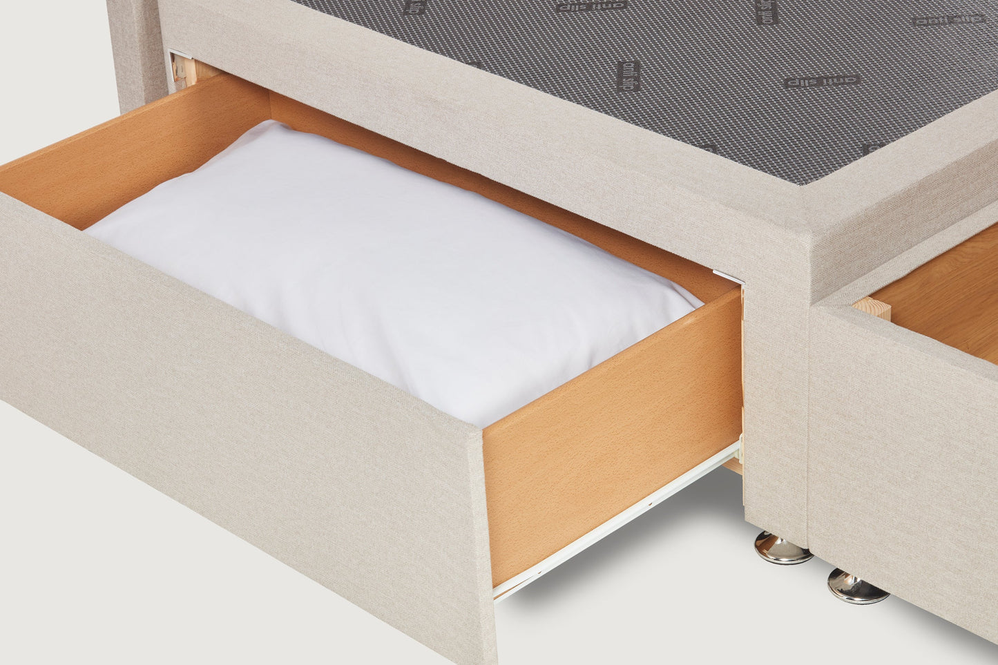 Eleanor Storage ottoman bed base – half-end lift with 2 large drawers