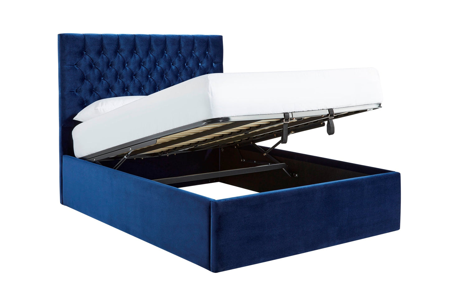 Lennon Upholstered end-lift ottoman bed with Chesterfield headboard