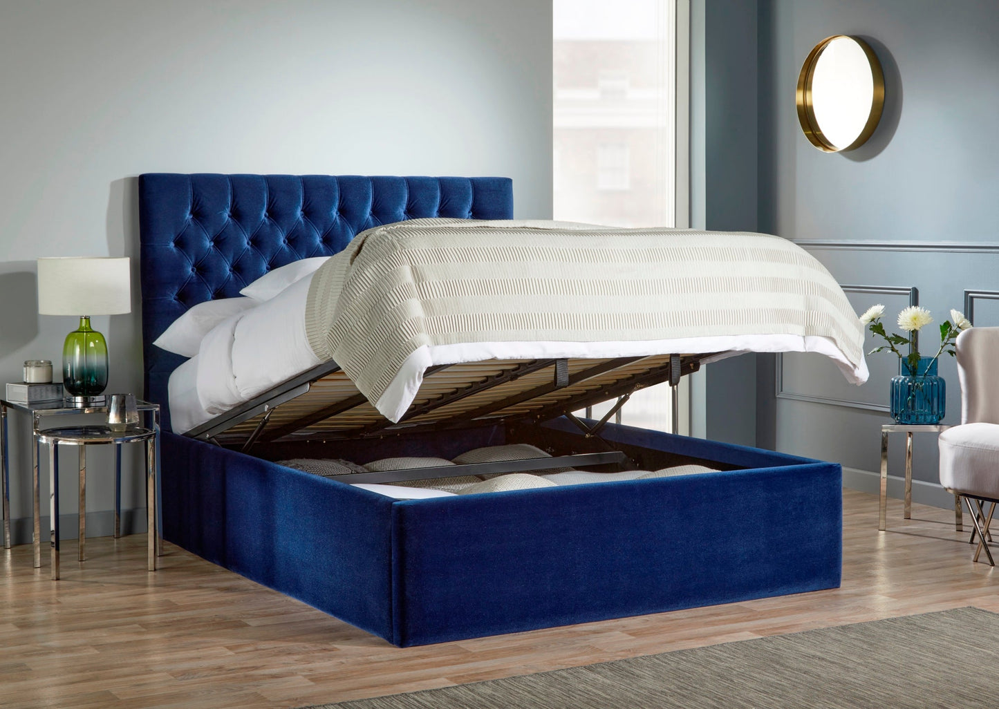 Lennon Upholstered end-lift ottoman bed with Chesterfield headboard